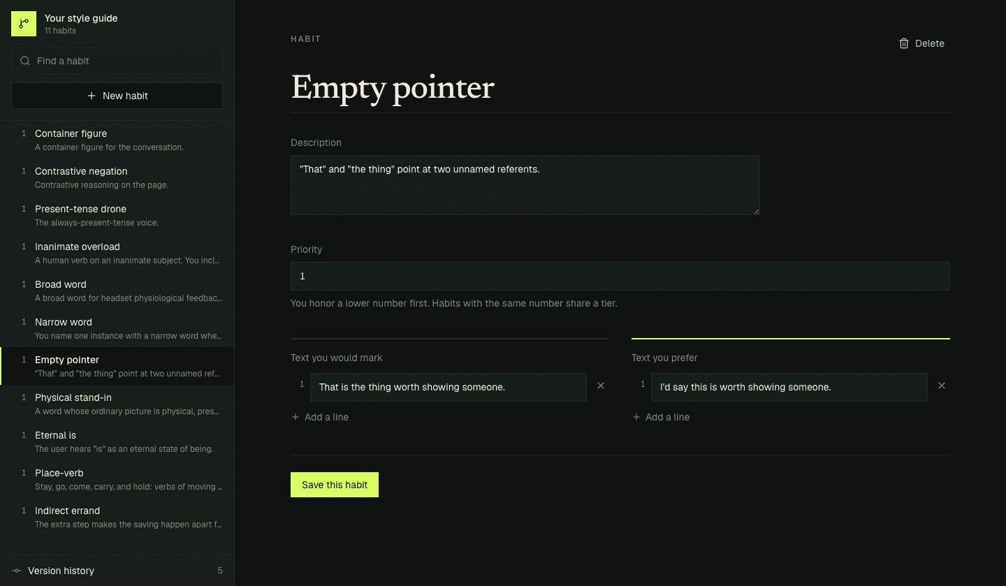 Your Preferent style guide open to the Empty pointer habit, with the habit list, a description, text you would mark, and text you prefer.