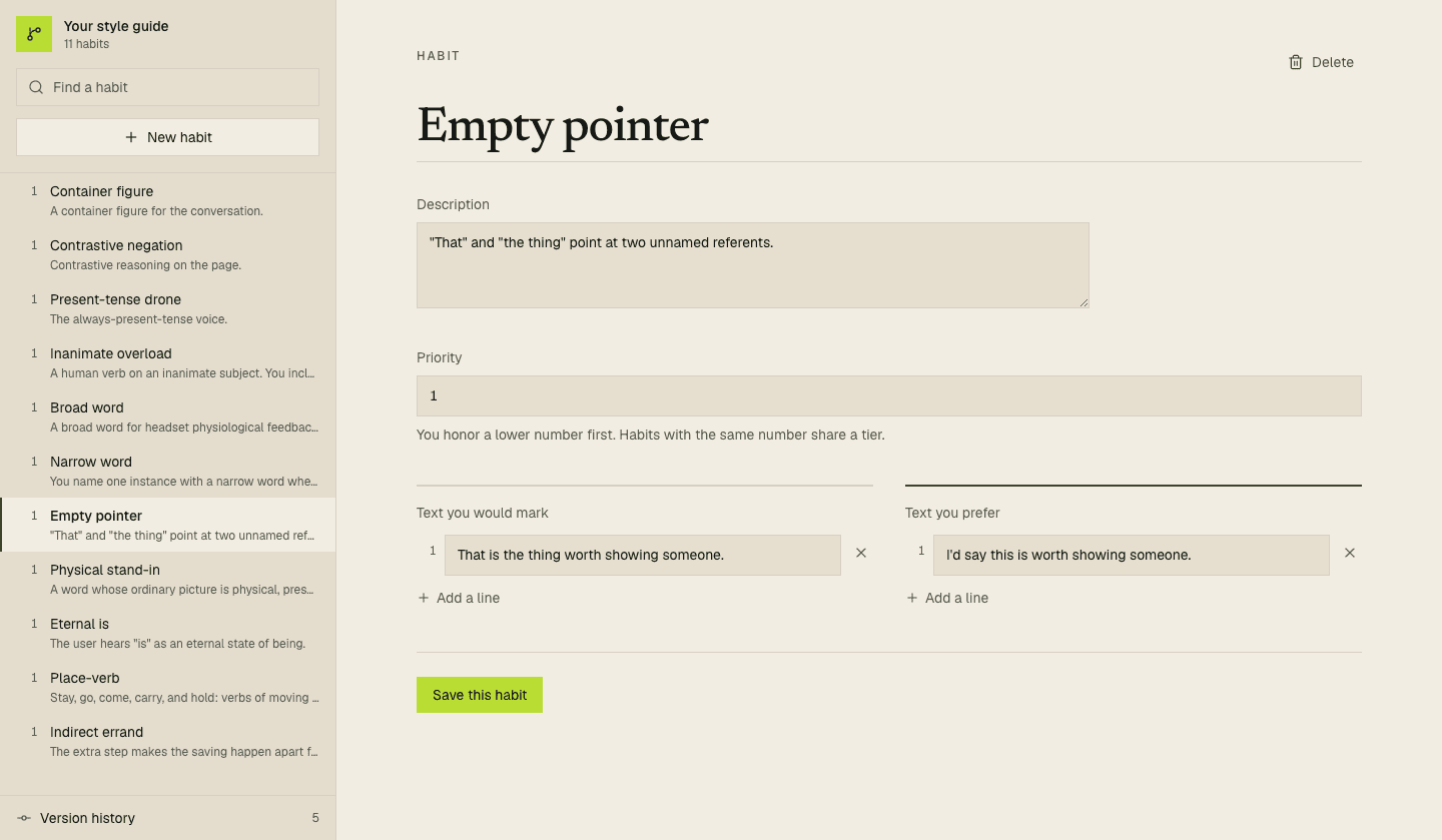 Your Preferent style guide open to the Empty pointer habit, with the habit list, a description, text you would mark, and text you prefer.